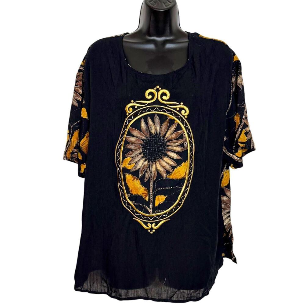 VTG 90s Carole Little Embroidered Sunflower Graphic Top Black Gold Boho Women 14